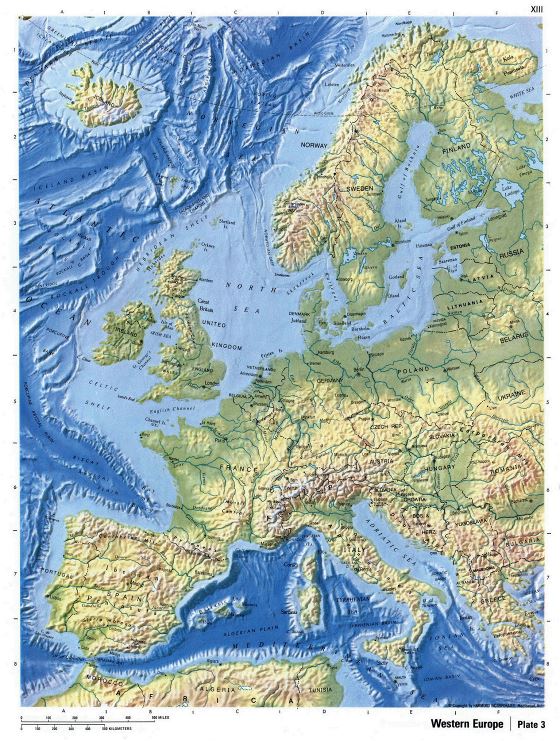 Large relief map of Western Europe