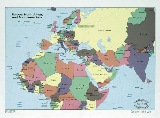 Large detailed old political map of Europe, North Africa and Southwest Asia - 1986