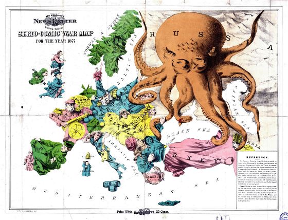 Large detailed old serio comic war map of Europe - 1877