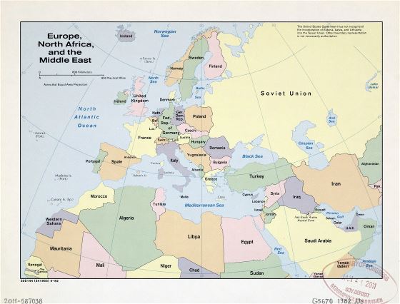 Large old political map of Europe, North Africa and the Middle East - 1982