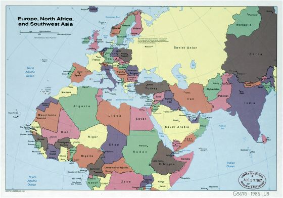 Large detailed political map of Europe, North Africa and Southwest Asia - 1986