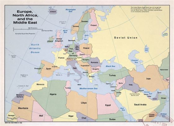 Large political map of Europe, North Africa and the Middle East - 1982