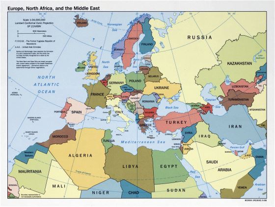 Large political map of Europe, North Africa and the Middle East - 1998