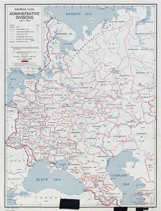 Old administrative divisions map of European U.S.S.R. - 1946